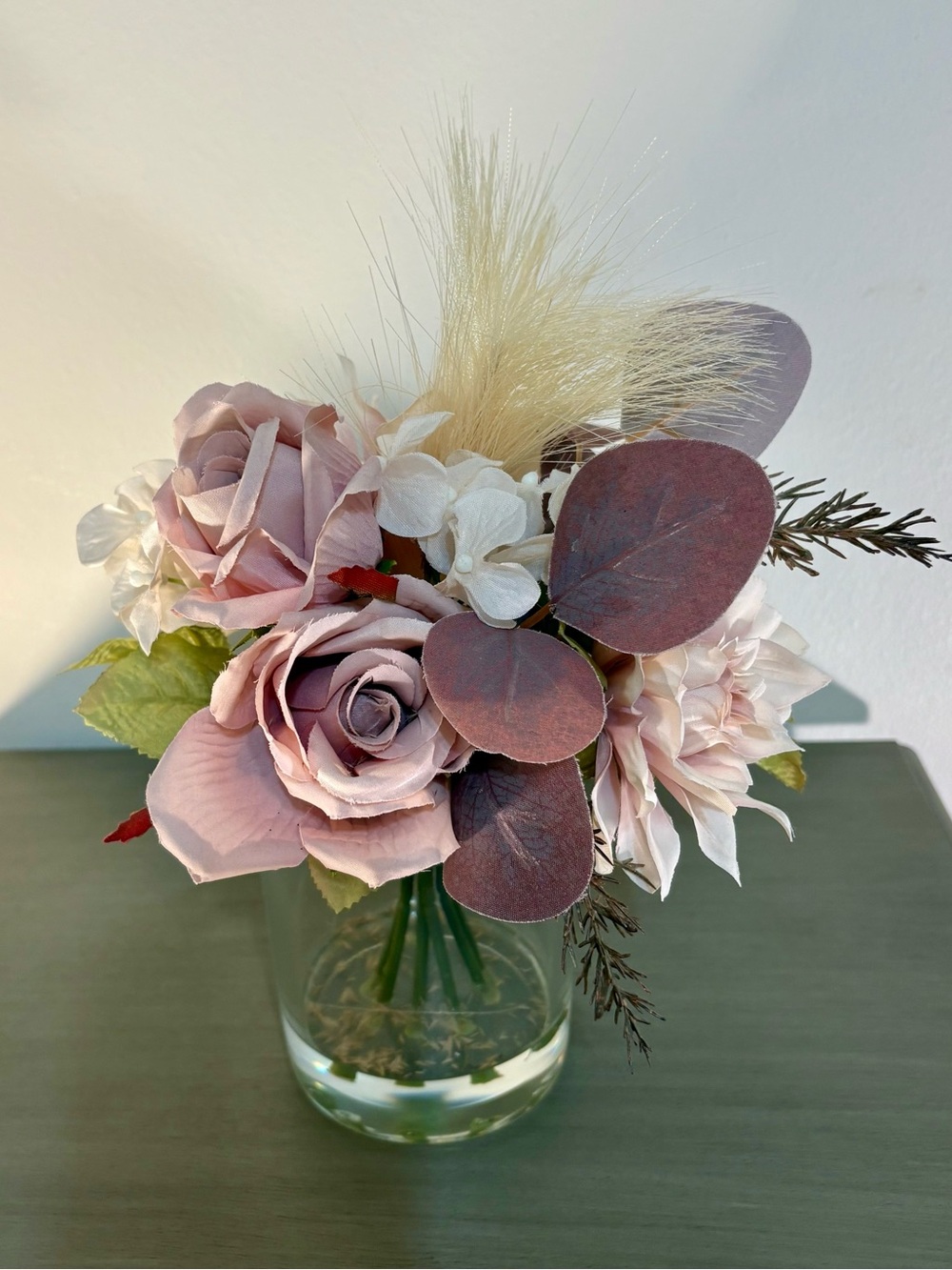 Soft Pink Purple Faux Silk Rose Bouquet Floral Arrangement Glass Vase NWT